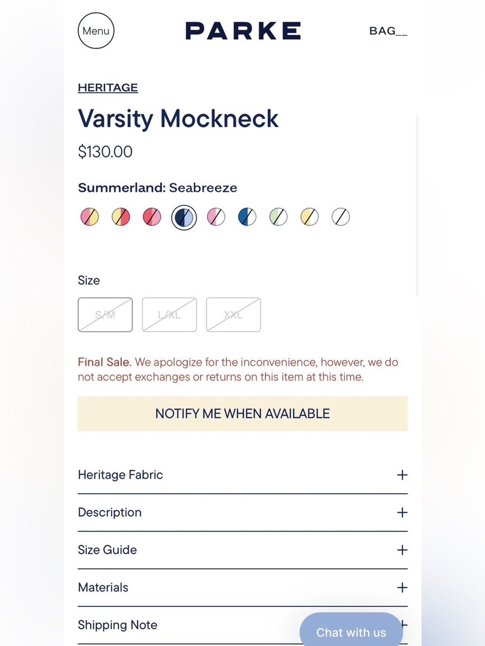NWT PARKE 🏝️ SUMMERLAND DROP ☀️ Heritage Varsity Mockneck- Seabreeze- Size L/XL - Picture 13 of 14